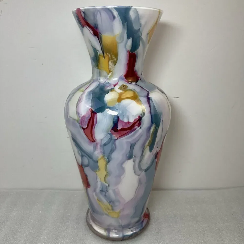 VTG Crane Crest Hand Blown Art Glass Vase Italy Murano Style Splatter MultiColor